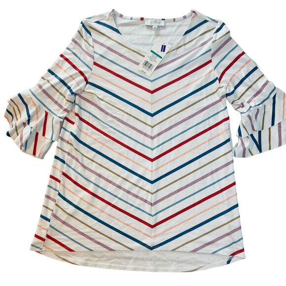 New Direction NWT Polished Julianna Crepe Blouse Top Qtr Ruffle Sleeve Striped - Picture 5 of 8